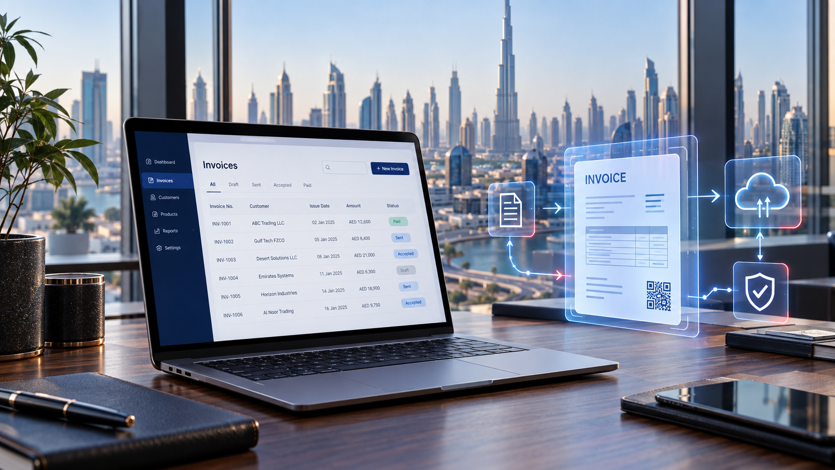 Illustration of an e-invoicing interface on a laptop in a Dubai office with secure electronic exchange symbols
